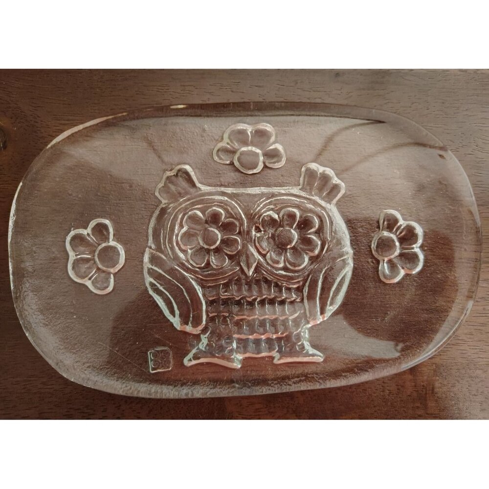 Glasi Hergiswil Swiss Clear Glass Owl Butter Cheese Plate, Thick Paperweight MCM